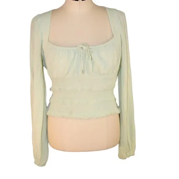 Free People Lolita Mint Green Smocked Square Neck Top Long Sleeve M - Picture 5 of 7